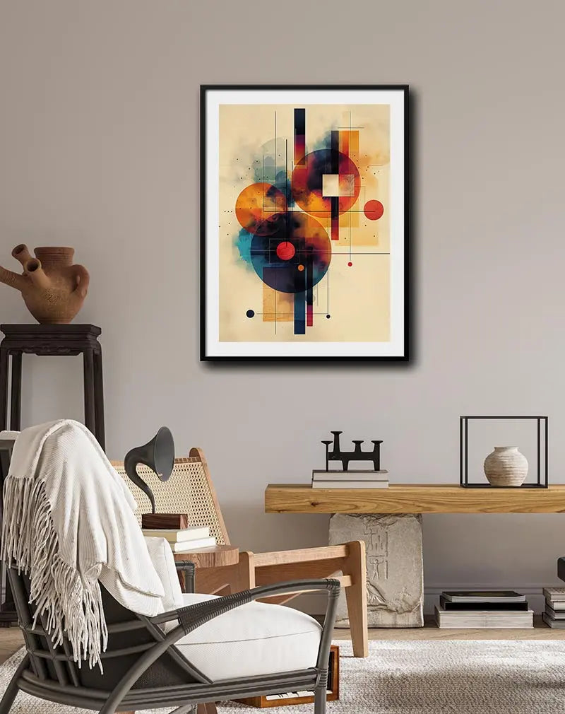 A geometric abstract illustration with vibrant circular shapes and intersecting lines. Perfect wall art for adding a bold and modern touch to any living space or office decor