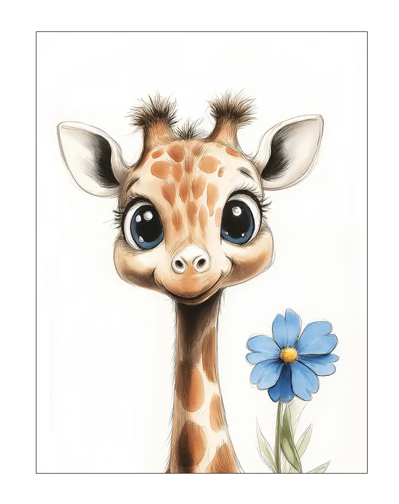 A cute cartoon giraffe with big eyes holding a blue flower, perfect wall art for a child's room or nursery.