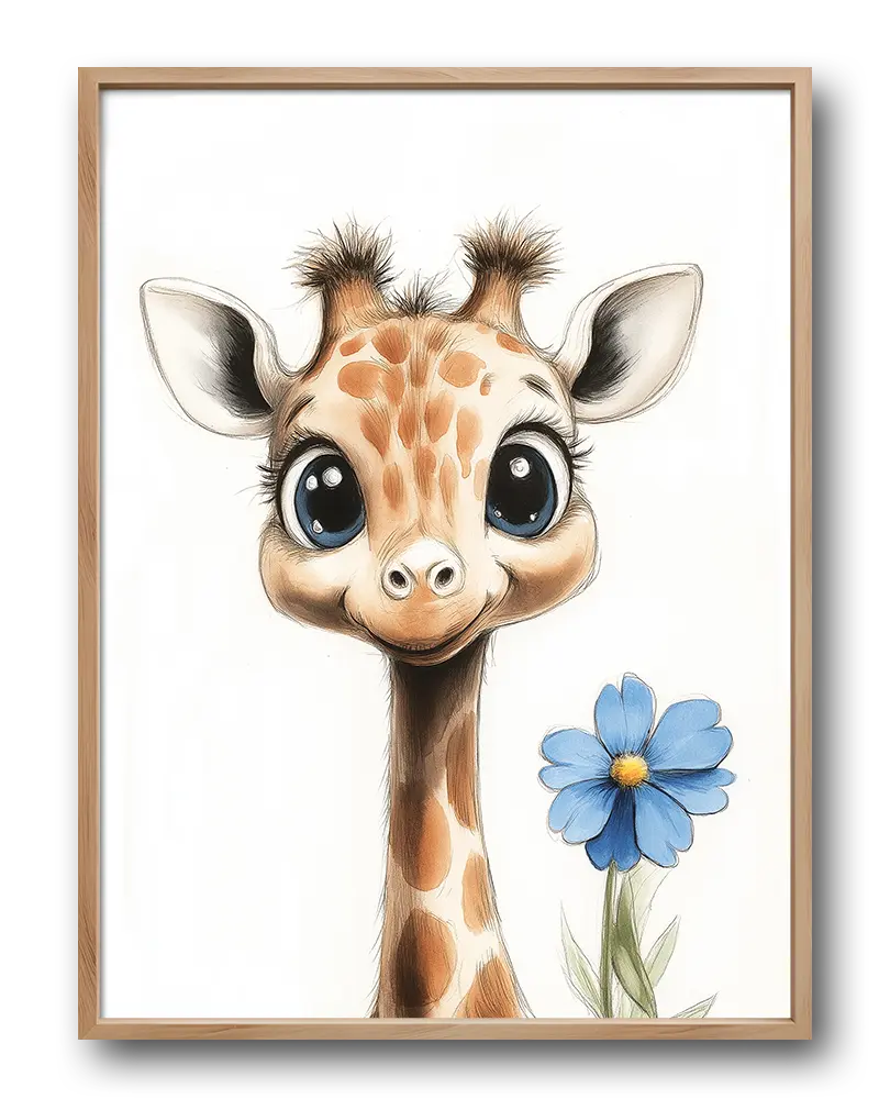 A cute cartoon giraffe with big eyes holding a blue flower, perfect wall art for a child's room or nursery.