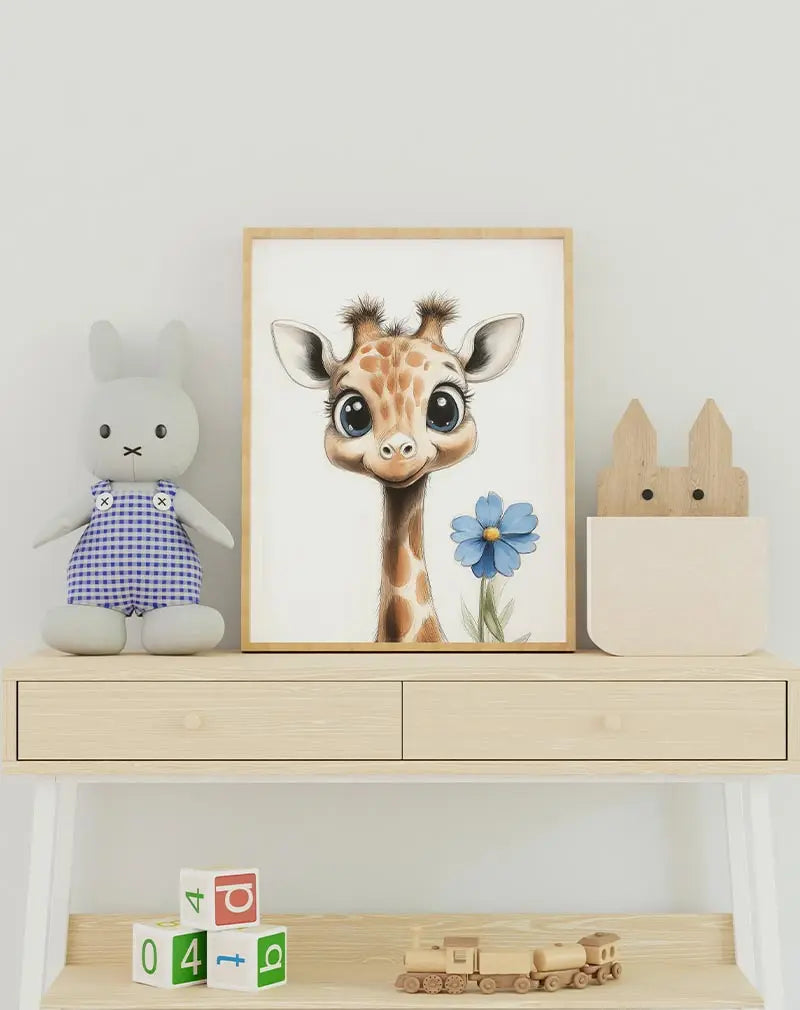 A cute cartoon giraffe with big eyes holding a blue flower, perfect wall art for a child's room or nursery.