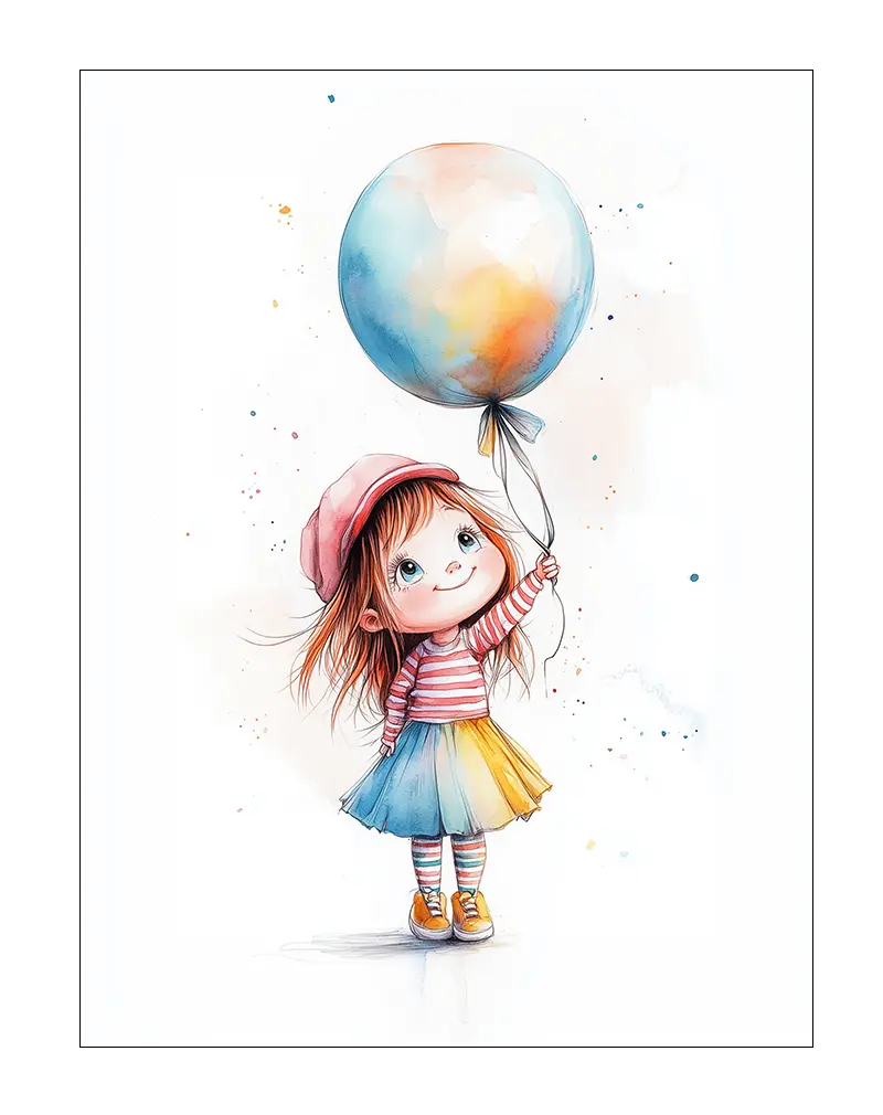 A cute illustration of a young girl in colorful attire holding a balloon, perfect wall art for adding a playful touch to a child's room.