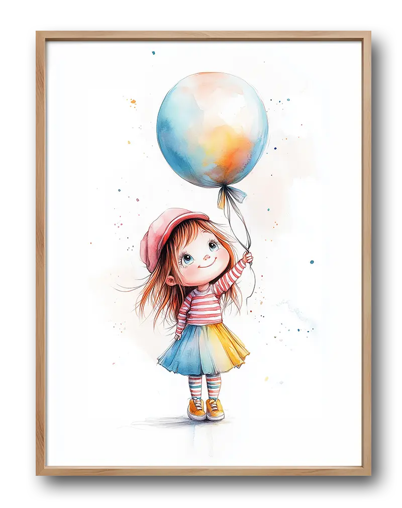 A cute illustration of a young girl in colorful attire holding a balloon, perfect wall art for adding a playful touch to a child's room.