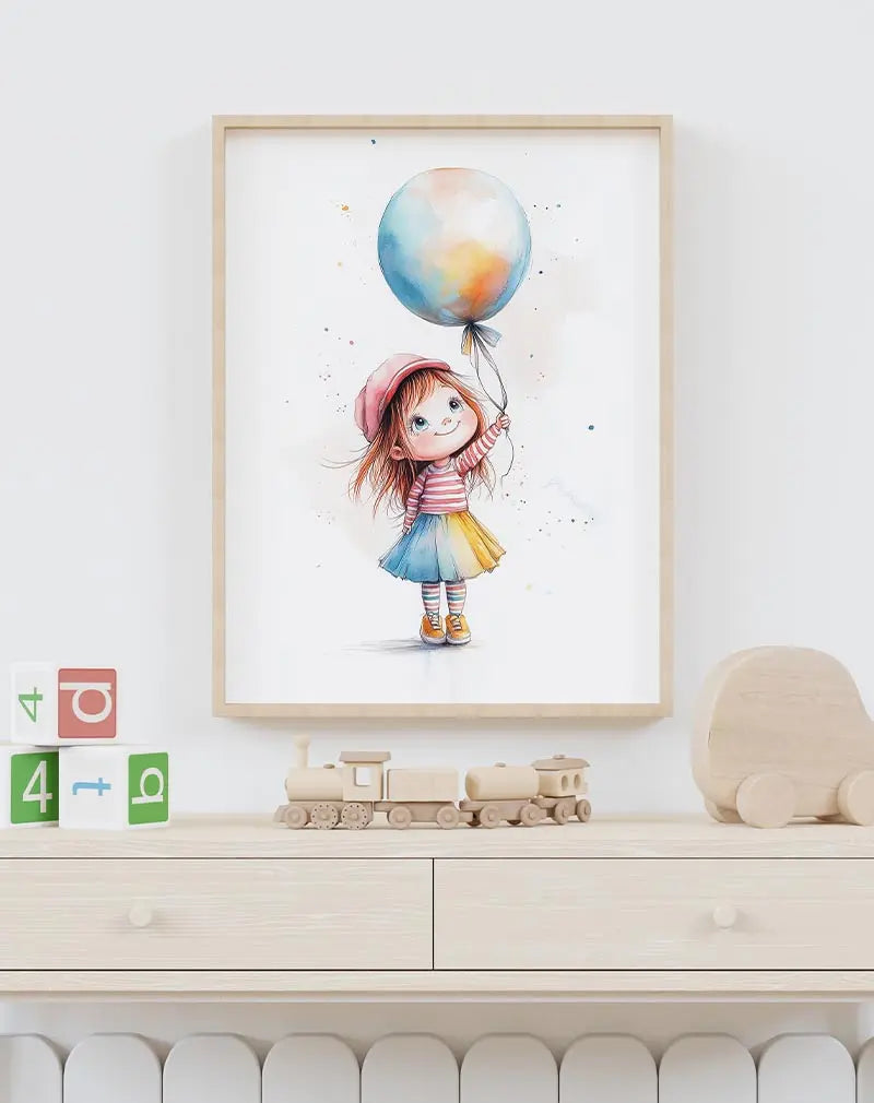 A cute illustration of a young girl in colorful attire holding a balloon, perfect wall art for adding a playful touch to a child's room.