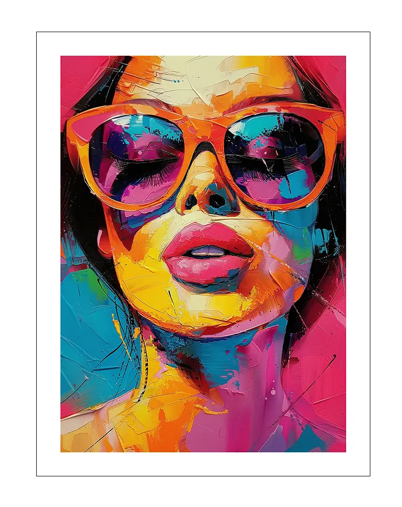 A vibrant portrait of a woman wearing bold sunglasses in vivid colors and expressive brushstrokes. Perfect wall art for adding a lively and energetic atmosphere to modern interiors, bringing a pop of color to any room