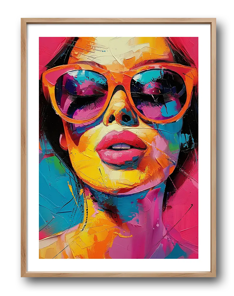 A vibrant portrait of a woman wearing bold sunglasses in vivid colors and expressive brushstrokes. Perfect wall art for adding a lively and energetic atmosphere to modern interiors, bringing a pop of color to any room