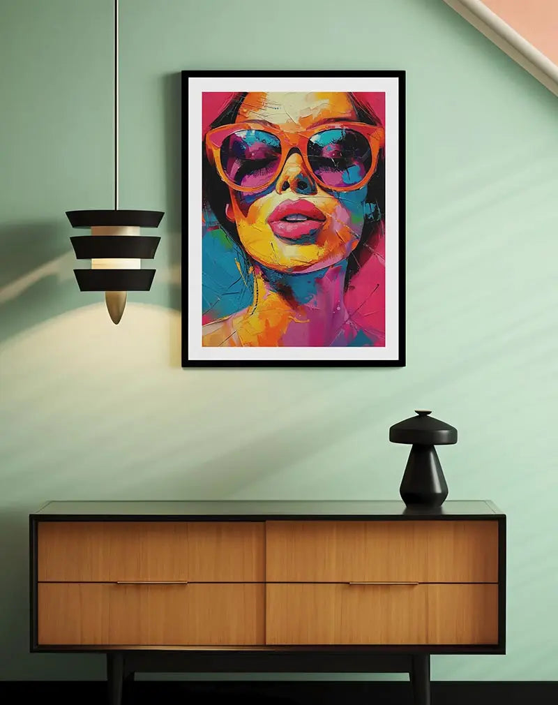 A vibrant portrait of a woman wearing bold sunglasses in vivid colors and expressive brushstrokes. Perfect wall art for adding a lively and energetic atmosphere to modern interiors, bringing a pop of color to any room