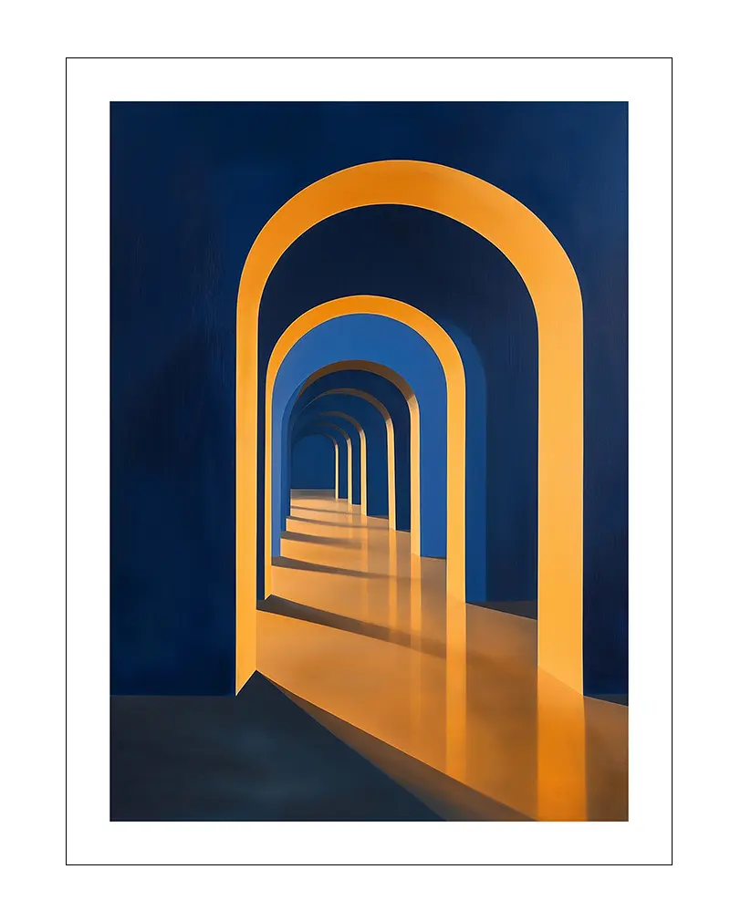 A captivating illustration of geometric arches in vibrant blue and yellow hues, casting dynamic shadows. Perfect wall art for modern interiors, adding depth and a sense of architectural elegance to your decor