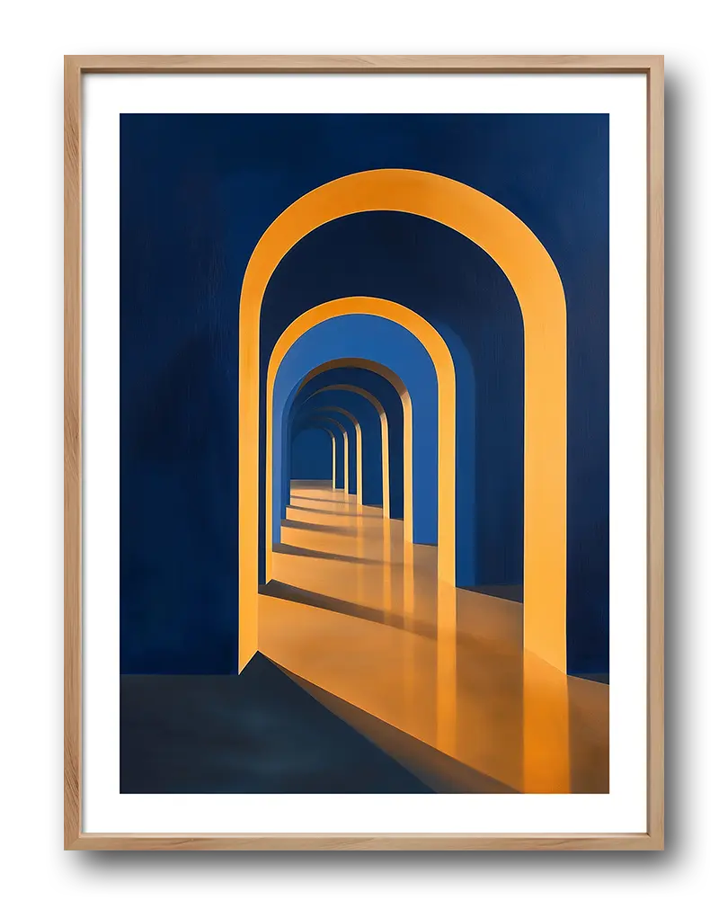 A captivating illustration of geometric arches in vibrant blue and yellow hues, casting dynamic shadows. Perfect wall art for modern interiors, adding depth and a sense of architectural elegance to your decor