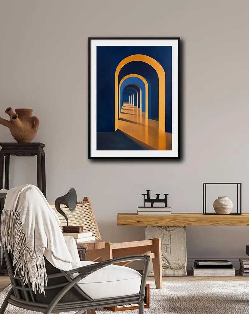 A captivating illustration of geometric arches in vibrant blue and yellow hues, casting dynamic shadows. Perfect wall art for modern interiors, adding depth and a sense of architectural elegance to your decor