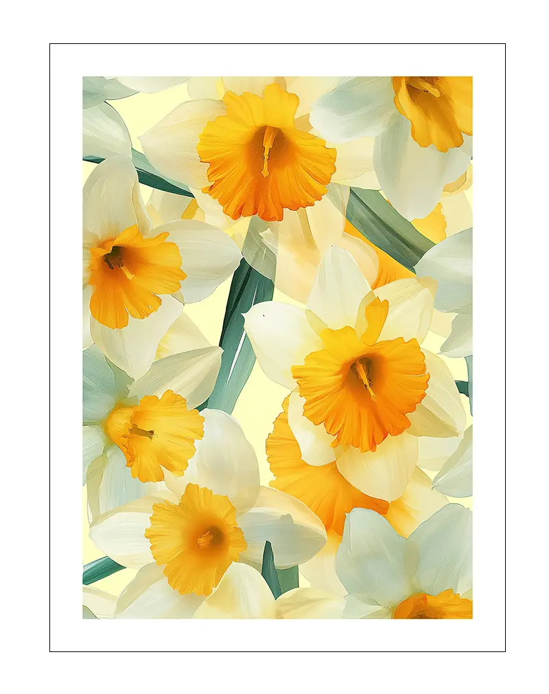 A beautiful illustration of vibrant yellow and white daffodils in full bloom. Perfect wall art for bringing a touch of spring and fresh floral energy to your space, brightening any room with its lively design