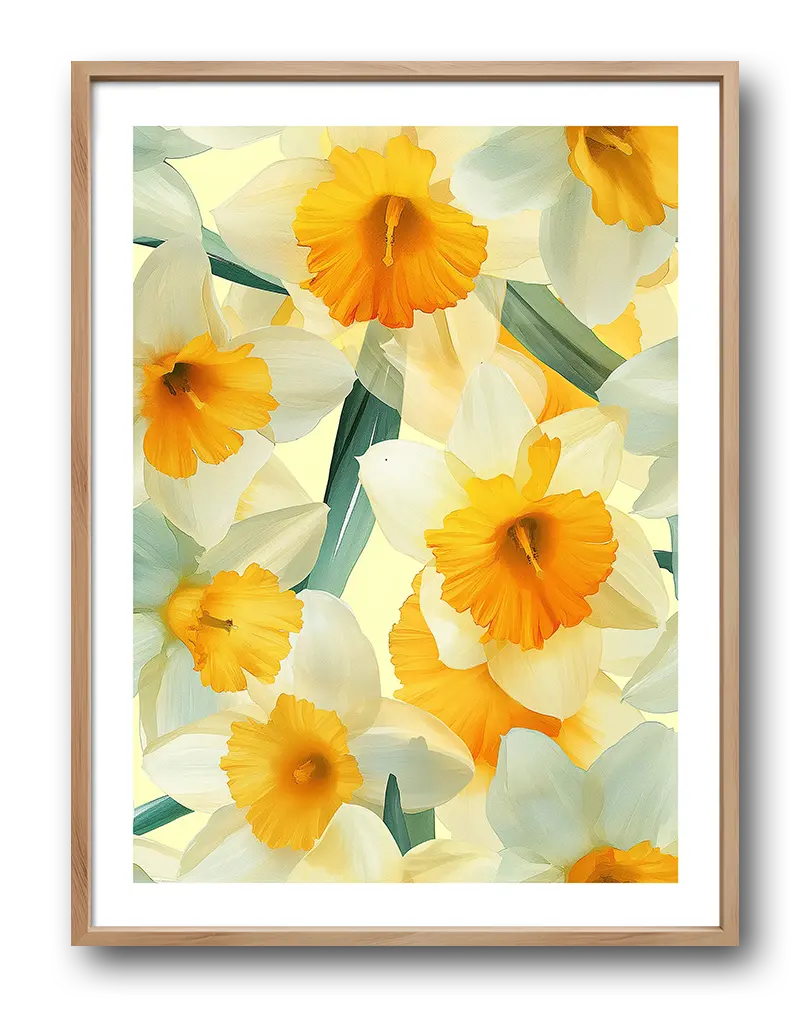 A beautiful illustration of vibrant yellow and white daffodils in full bloom. Perfect wall art for bringing a touch of spring and fresh floral energy to your space, brightening any room with its lively design