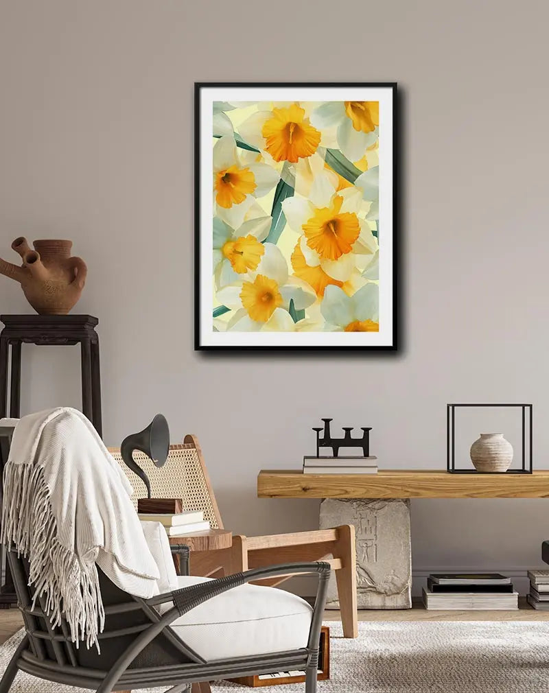 A beautiful illustration of vibrant yellow and white daffodils in full bloom. Perfect wall art for bringing a touch of spring and fresh floral energy to your space, brightening any room with its lively design