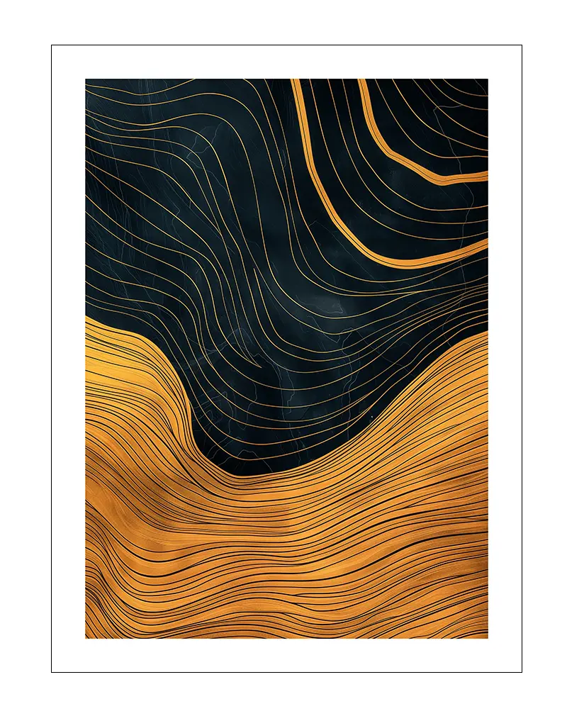 An abstract wall art featuring fluid golden lines flowing over a dark background, creating a striking contrast. Perfect illustration for adding a modern and elegant touch to any room, with its flowing design offering a sense of movement and depth