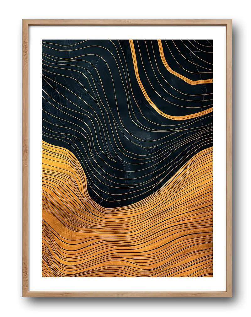 An abstract wall art featuring fluid golden lines flowing over a dark background, creating a striking contrast. Perfect illustration for adding a modern and elegant touch to any room, with its flowing design offering a sense of movement and depth