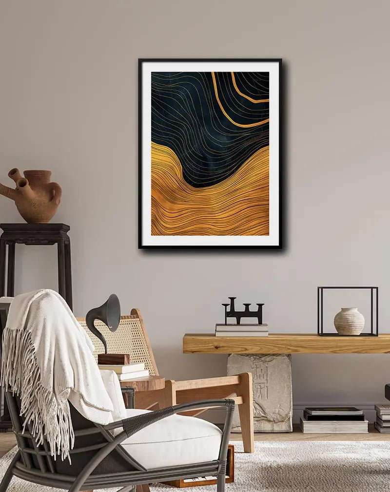 An abstract wall art featuring fluid golden lines flowing over a dark background, creating a striking contrast. Perfect illustration for adding a modern and elegant touch to any room, with its flowing design offering a sense of movement and depth