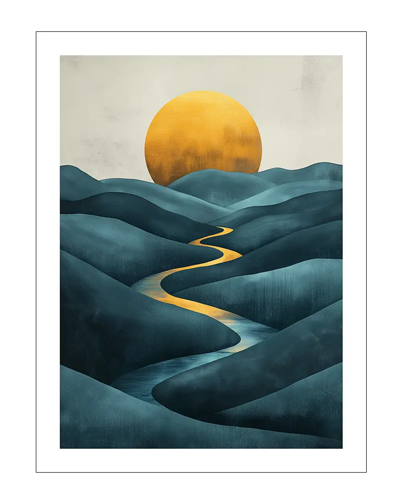 A serene illustration of a golden sun setting over softly rolling blue hills. Perfect wall art for creating a calming and peaceful atmosphere in any space.