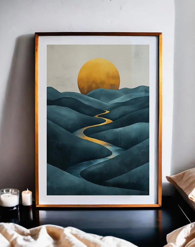 A serene illustration of a golden sun setting over softly rolling blue hills. Perfect wall art for creating a calming and peaceful atmosphere in any space.