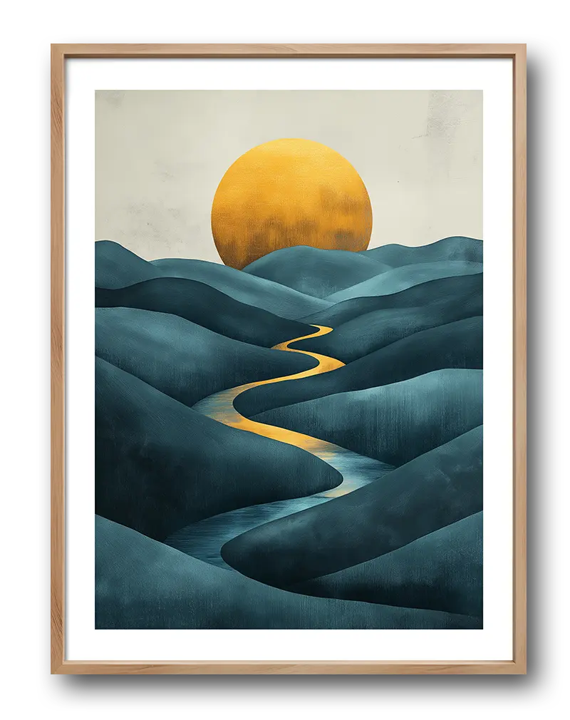 A serene illustration of a golden sun setting over softly rolling blue hills. Perfect wall art for creating a calming and peaceful atmosphere in any space.