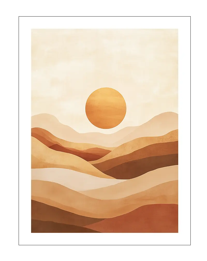 A warm-toned abstract illustration of a sunset over desert hills. Perfect wall art for bringing a calming and earthy vibe to any room with its soothing gradient of orange and beige hues