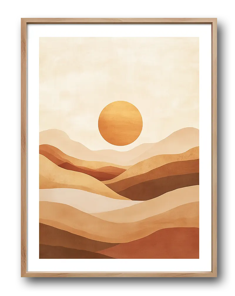 A warm-toned abstract illustration of a sunset over desert hills. Perfect wall art for bringing a calming and earthy vibe to any room with its soothing gradient of orange and beige hues