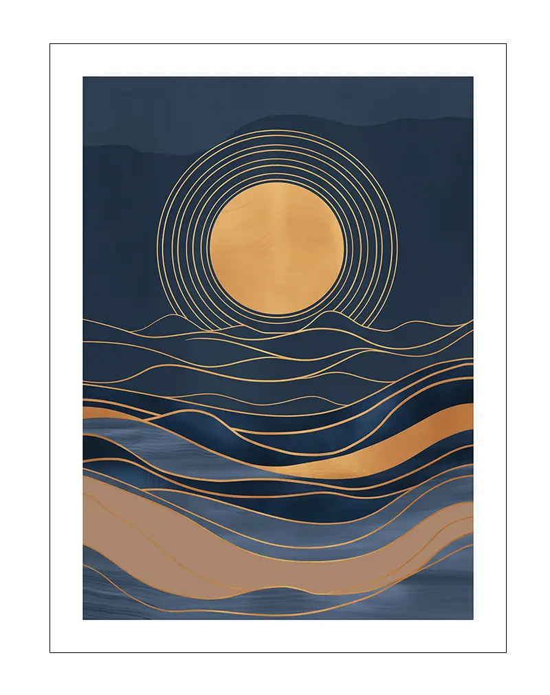 An abstract wall art depicting a golden sun with flowing lines resembling waves over a dark background. This elegant and modern illustration is perfect for bringing a calm and serene vibe to any space, with its minimalist design adding a touch of sophistication