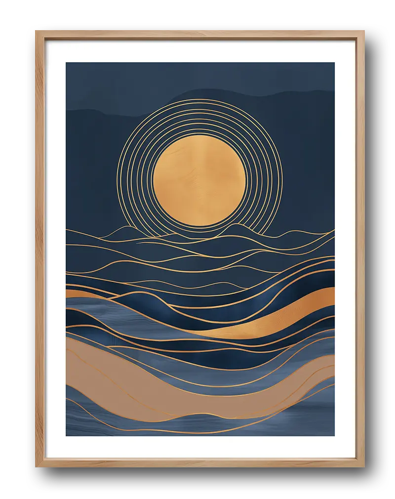 An abstract wall art depicting a golden sun with flowing lines resembling waves over a dark background. This elegant and modern illustration is perfect for bringing a calm and serene vibe to any space, with its minimalist design adding a touch of sophistication