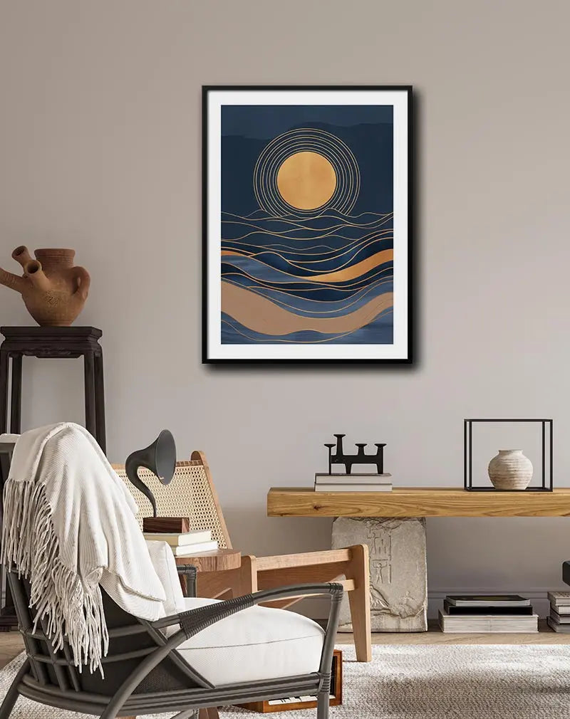 An abstract wall art depicting a golden sun with flowing lines resembling waves over a dark background. This elegant and modern illustration is perfect for bringing a calm and serene vibe to any space, with its minimalist design adding a touch of sophistication