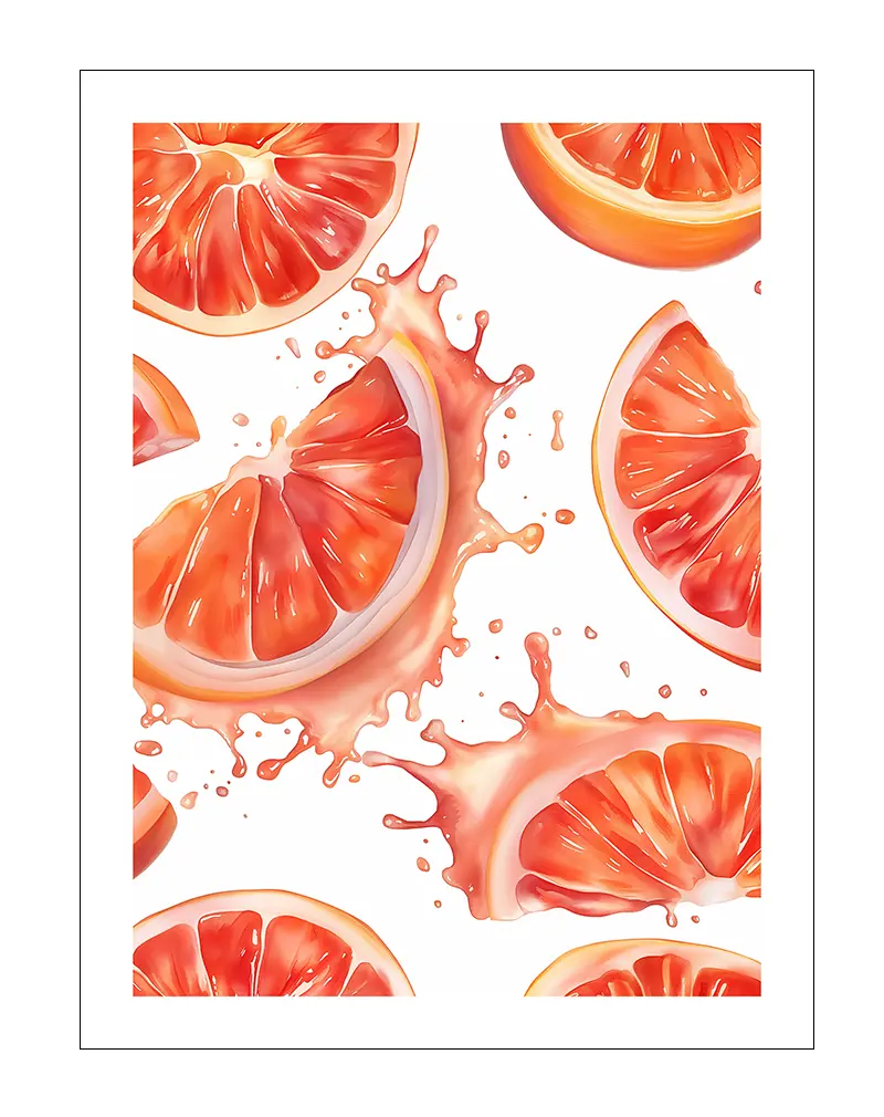 A vibrant illustration of juicy grapefruit slices splashing in a fresh and dynamic composition. This colorful poster is perfect for brightening up your kitchen or dining area, adding a burst of energy and freshness to your space