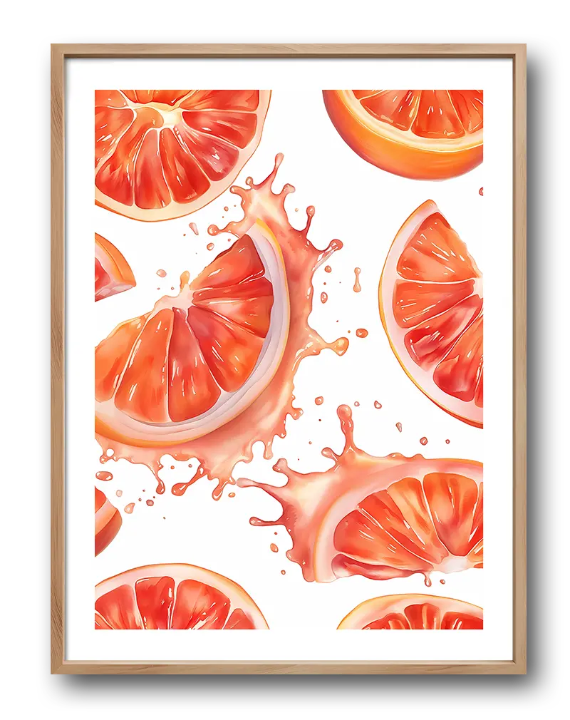 A vibrant illustration of juicy grapefruit slices splashing in a fresh and dynamic composition. This colorful poster is perfect for brightening up your kitchen or dining area, adding a burst of energy and freshness to your space