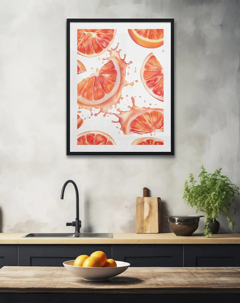 A vibrant illustration of juicy grapefruit slices splashing in a fresh and dynamic composition. This colorful poster is perfect for brightening up your kitchen or dining area, adding a burst of energy and freshness to your space