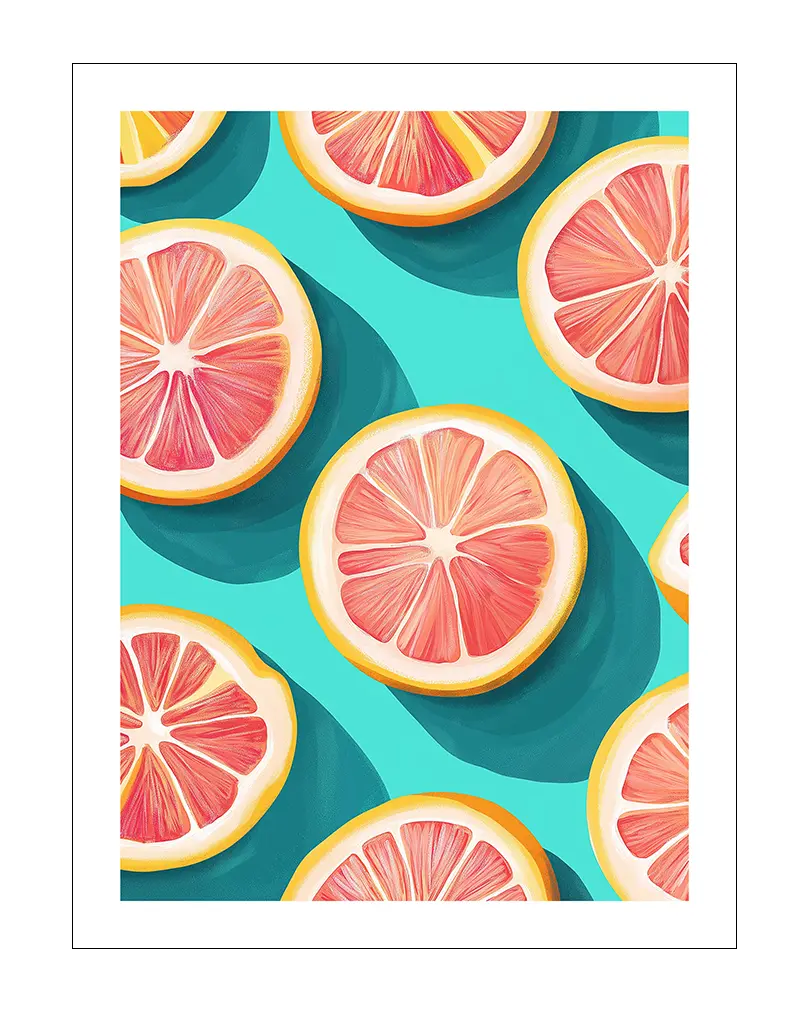 A bright and modern illustration featuring grapefruit slices on a vibrant turquoise background. This fun and refreshing wall art is perfect for a kitchen or dining space, adding a playful touch of citrus to your home décor