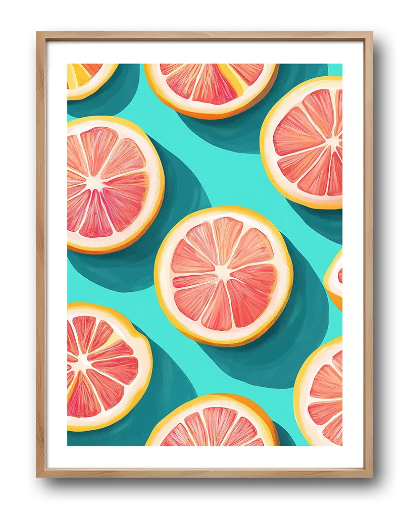 A bright and modern illustration featuring grapefruit slices on a vibrant turquoise background. This fun and refreshing wall art is perfect for a kitchen or dining space, adding a playful touch of citrus to your home décor