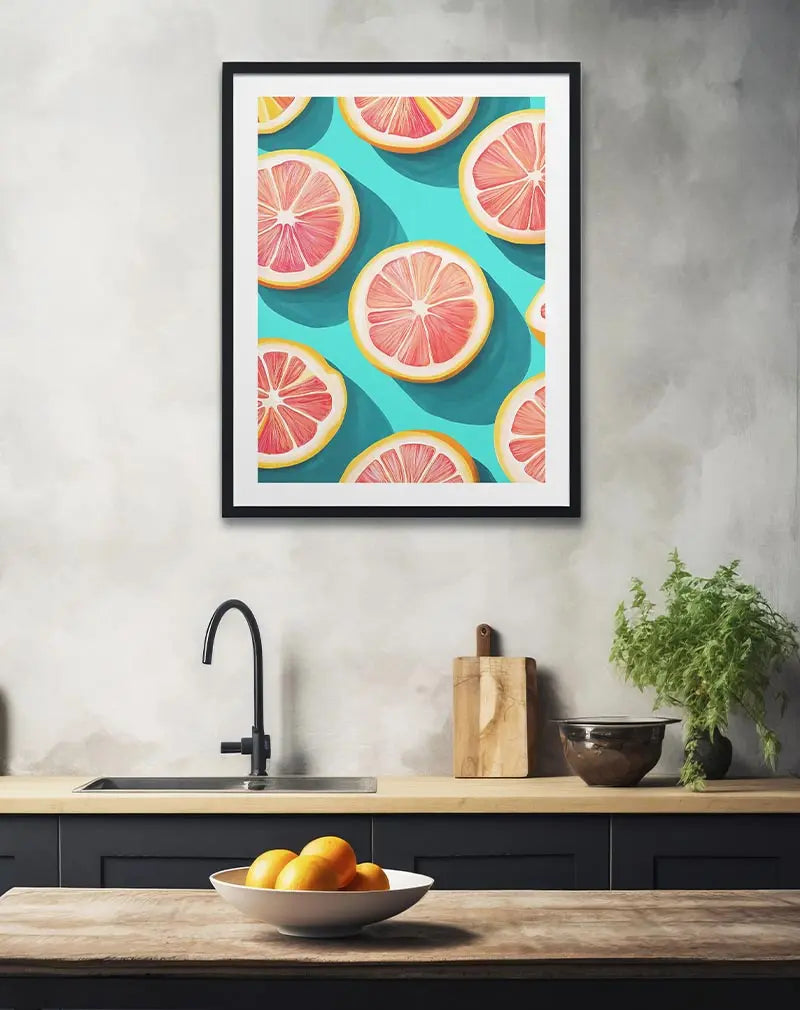 A bright and modern illustration featuring grapefruit slices on a vibrant turquoise background. This fun and refreshing wall art is perfect for a kitchen or dining space, adding a playful touch of citrus to your home décor