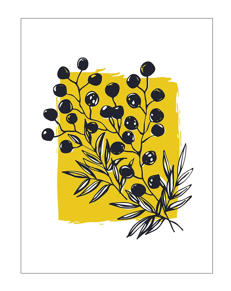 A modern illustration of an olive branch in black and white, set against a bold yellow background. This striking wall art adds a minimalist yet vibrant touch to any room, perfect for those who appreciate nature-inspired décor