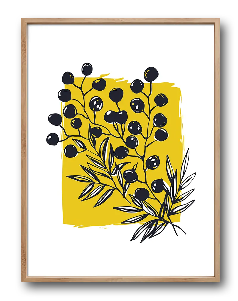 A modern illustration of an olive branch in black and white, set against a bold yellow background. This striking wall art adds a minimalist yet vibrant touch to any room, perfect for those who appreciate nature-inspired décor