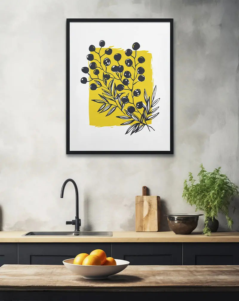 A modern illustration of an olive branch in black and white, set against a bold yellow background. This striking wall art adds a minimalist yet vibrant touch to any room, perfect for those who appreciate nature-inspired décor