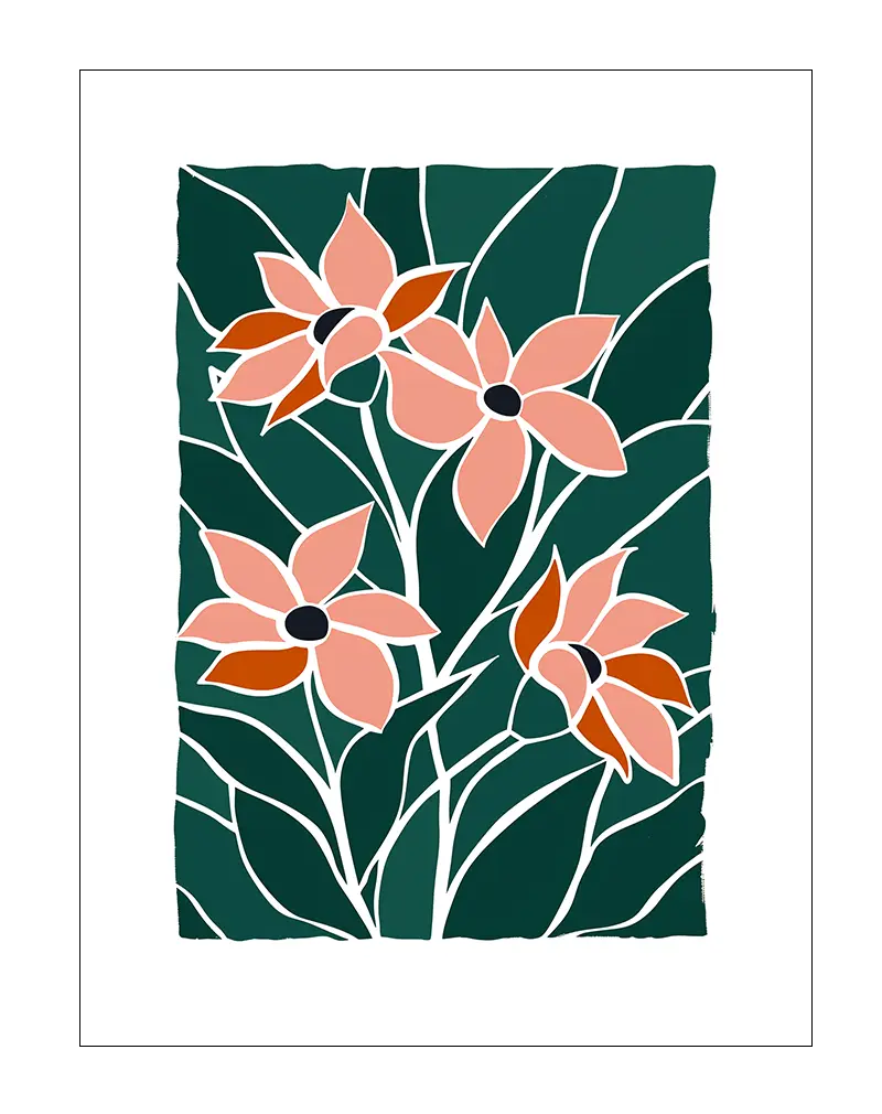 An abstract illustration of pink flowers with green leaves on a dark green background. This modern wall art adds a touch of elegance and color to any space, perfect for enhancing your living room or bedroom décor