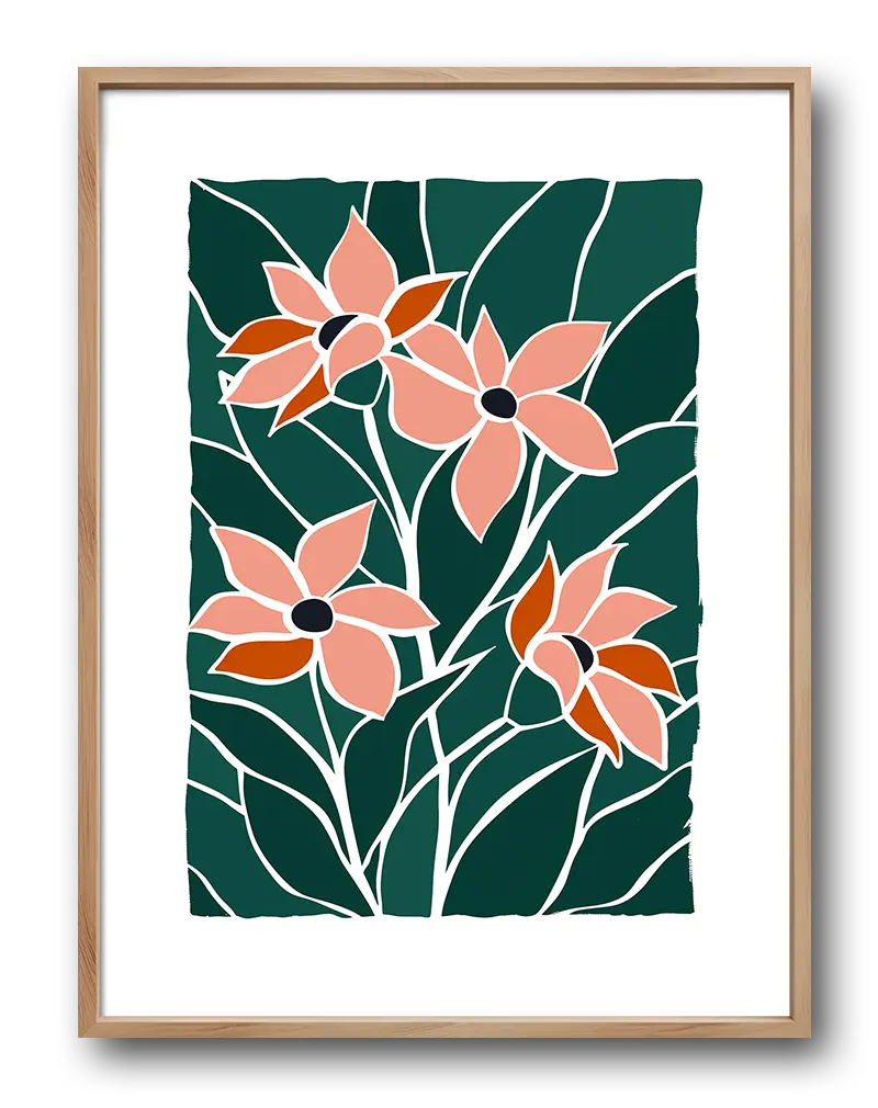 An abstract illustration of pink flowers with green leaves on a dark green background. This modern wall art adds a touch of elegance and color to any space, perfect for enhancing your living room or bedroom décor