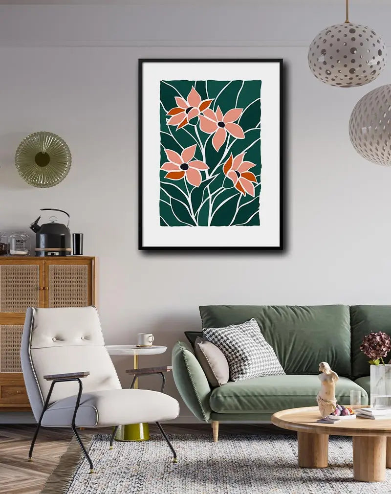 An abstract illustration of pink flowers with green leaves on a dark green background. This modern wall art adds a touch of elegance and color to any space, perfect for enhancing your living room or bedroom décor