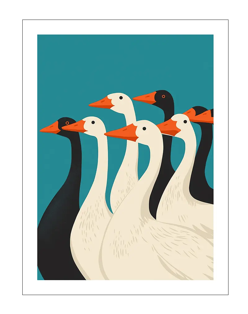 A minimalist illustration of a group of geese, featuring both white and black geese against a teal background. This modern wall art is perfect for creating a bold and stylish statement in any living room or hallway