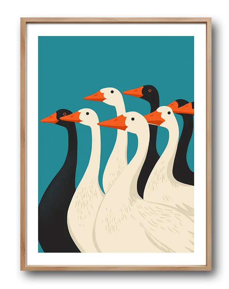 A minimalist illustration of a group of geese, featuring both white and black geese against a teal background. This modern wall art is perfect for creating a bold and stylish statement in any living room or hallway