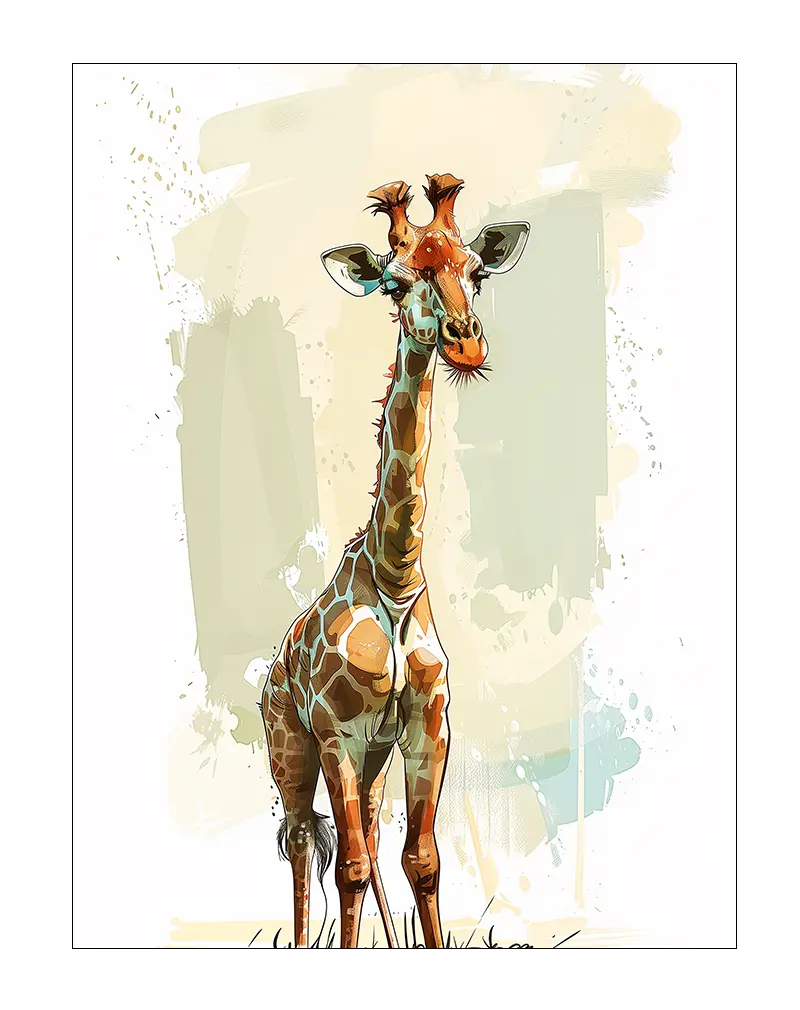 A detailed illustration of a giraffe standing tall against a soft, abstract background. This playful wall art is perfect for adding a touch of nature and fun to a child's room or a living space