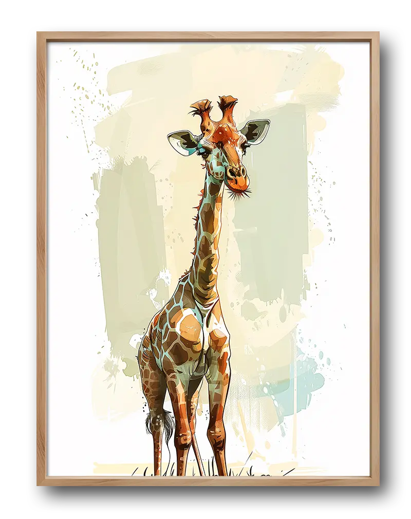 A detailed illustration of a giraffe standing tall against a soft, abstract background. This playful wall art is perfect for adding a touch of nature and fun to a child's room or a living space