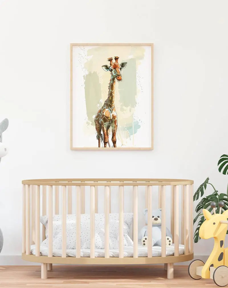 A detailed illustration of a giraffe standing tall against a soft, abstract background. This playful wall art is perfect for adding a touch of nature and fun to a child's room or a living space