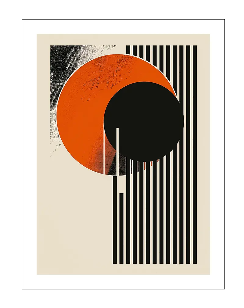 A modern abstract geometric design featuring bold black lines and circular shapes in orange and black tones. This contemporary wall art is perfect for adding a minimalist and artistic touch to a modern living space