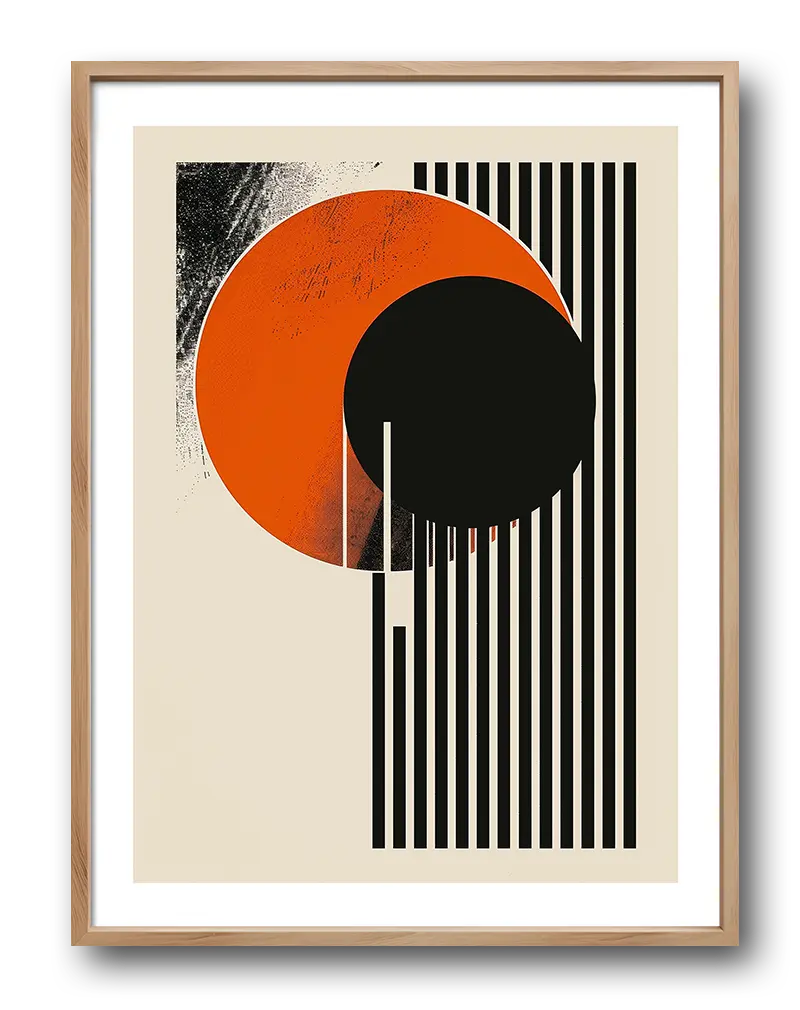 A modern abstract geometric design featuring bold black lines and circular shapes in orange and black tones. This contemporary wall art is perfect for adding a minimalist and artistic touch to a modern living space