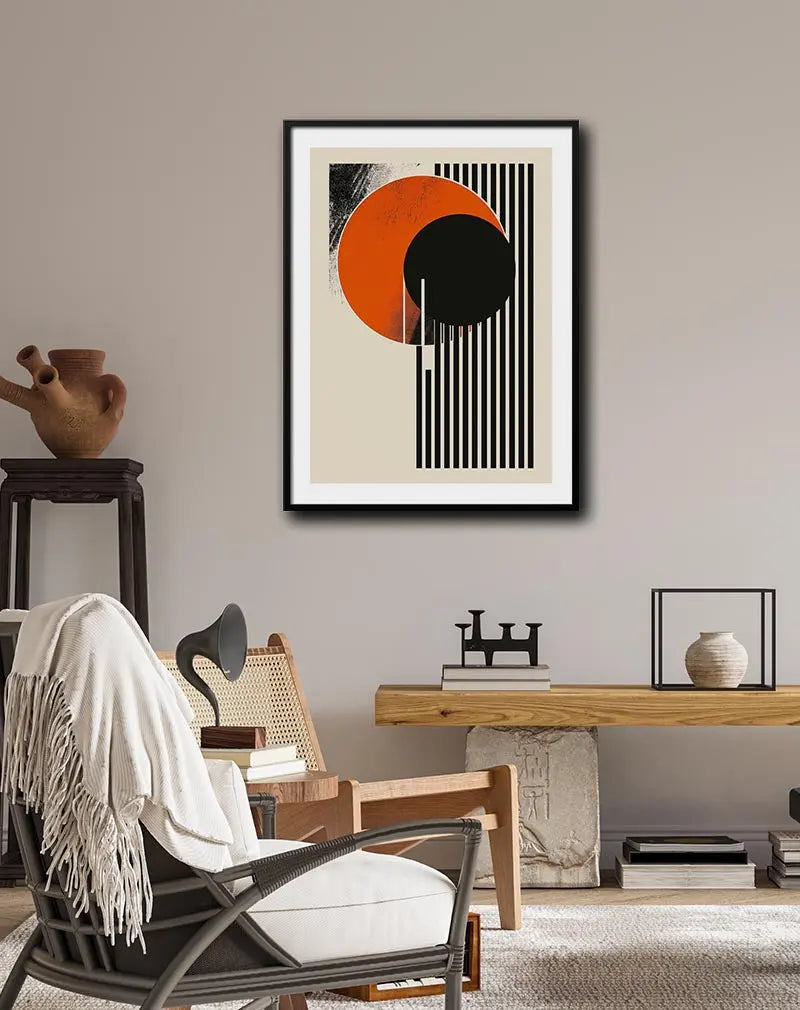 A modern abstract geometric design featuring bold black lines and circular shapes in orange and black tones. This contemporary wall art is perfect for adding a minimalist and artistic touch to a modern living space