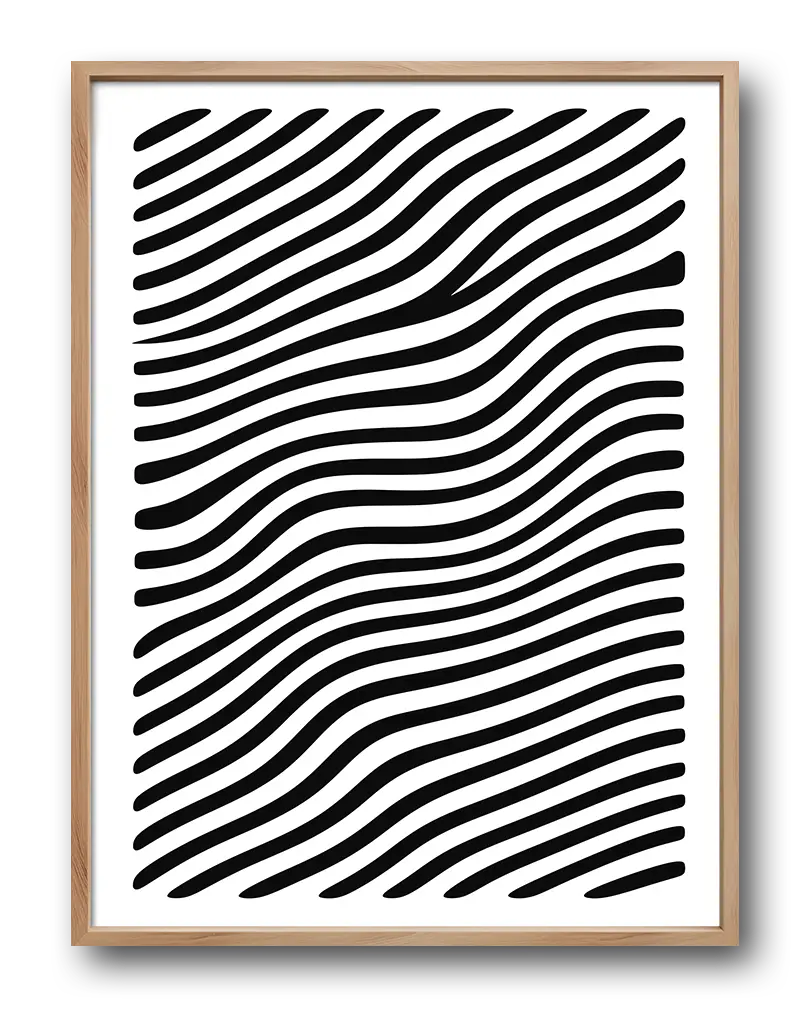 A black and white optical illusion design featuring wavy lines that create a sense of movement and depth. This striking wall art is perfect for a modern or minimalist interior, adding an intriguing visual element