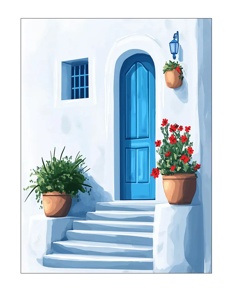 A charming Mediterranean scene featuring a bright blue door, white stucco walls, and vibrant red flowers in terracotta pots. This picturesque wall art brings a touch of coastal elegance to your home decor, perfect for evoking a peaceful, sunny atmosphere