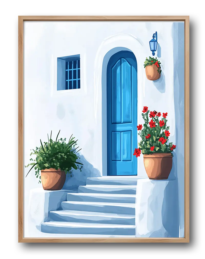 A charming Mediterranean scene featuring a bright blue door, white stucco walls, and vibrant red flowers in terracotta pots. This picturesque wall art brings a touch of coastal elegance to your home decor, perfect for evoking a peaceful, sunny atmosphere